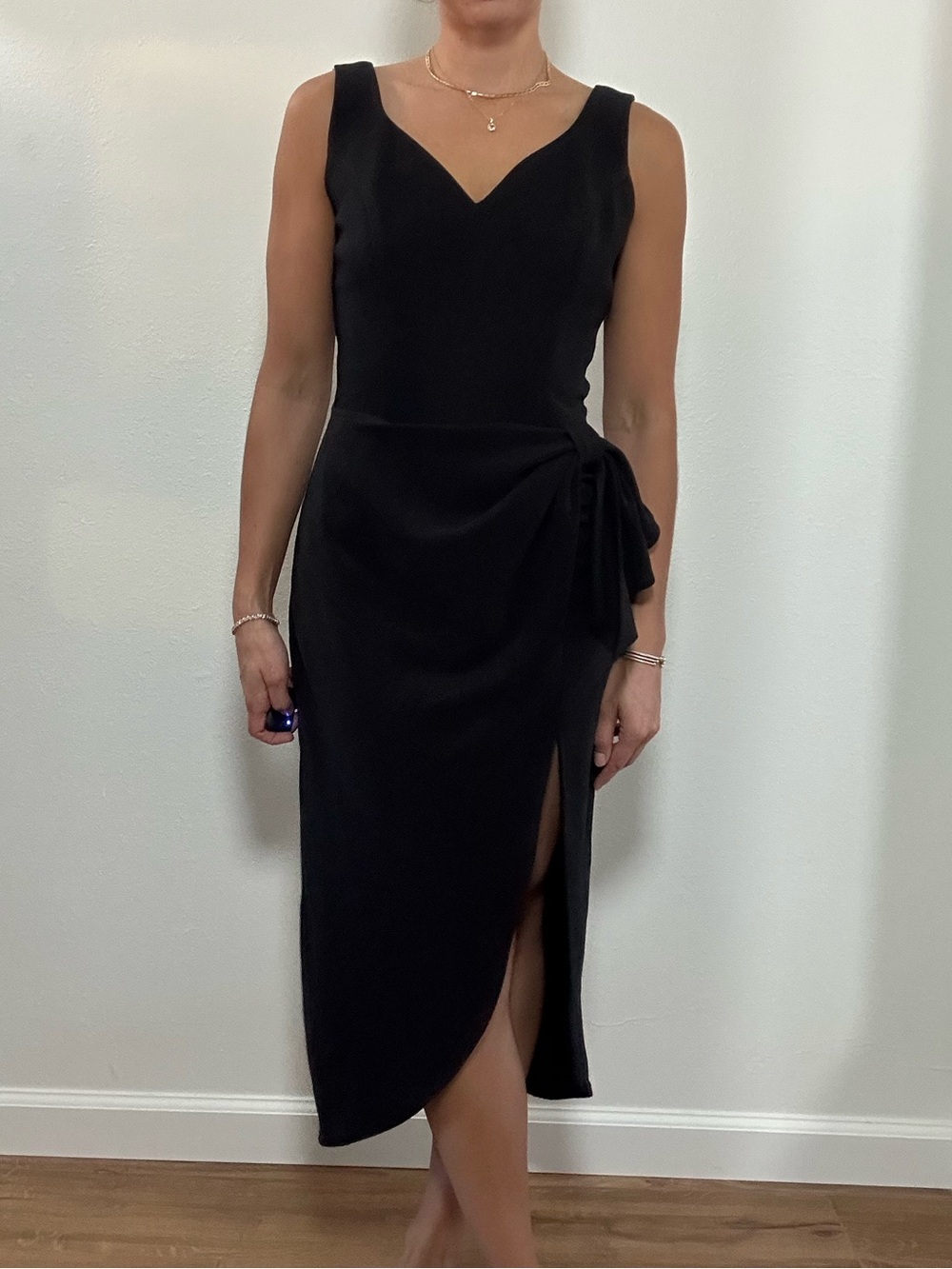 Vintage 90’s Black V-Neck Midi Dress Side Tie Wrap Style Leg Slit Size S